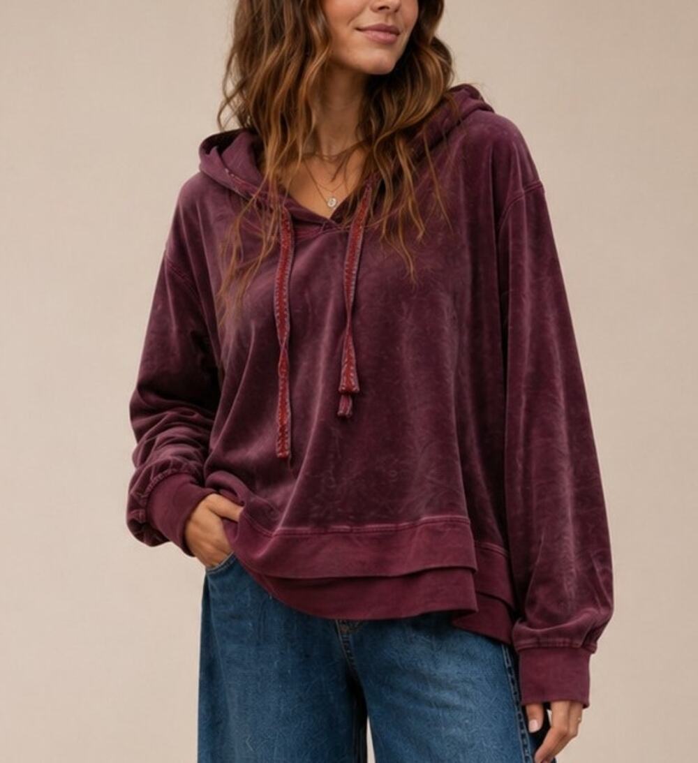Sundance Aurora Velour Hoodie Size L Purple Drawstring Boho Lounge Western Indie